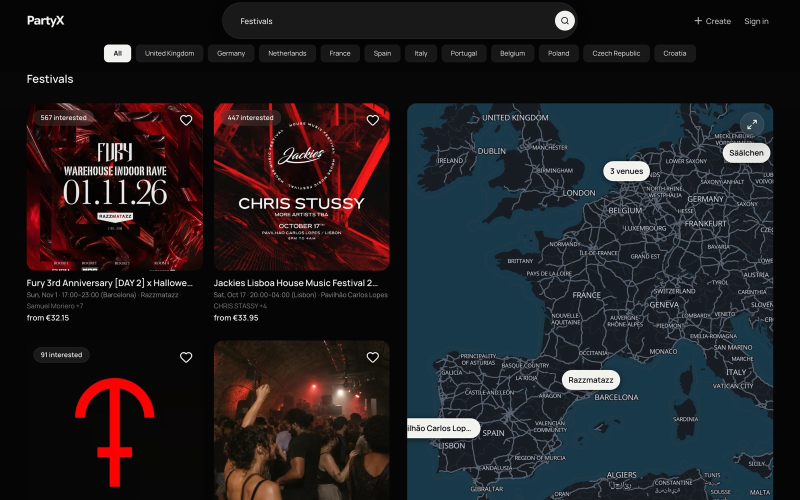 PartyX festivals page: European festivals with country filters