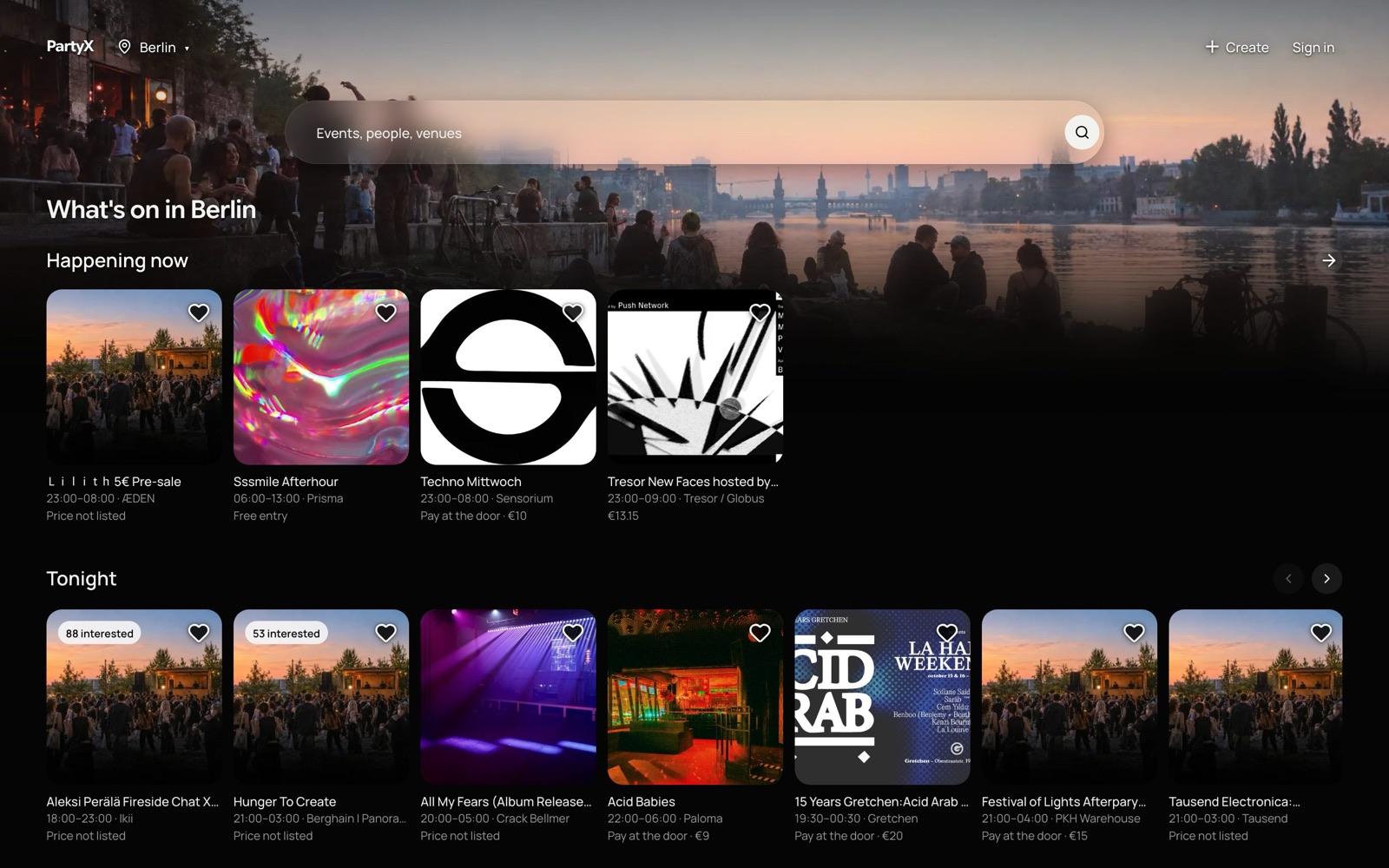PartyX web app: events happening now in Berlin