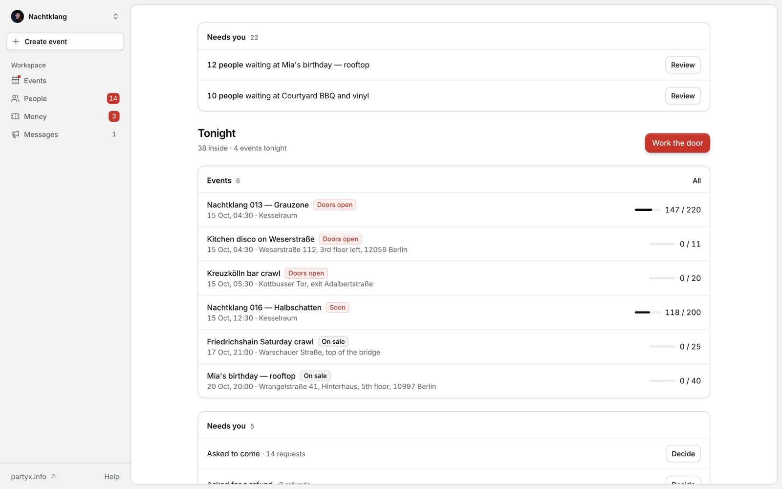 Organiser console home: what needs you, tonight’s events and sell-through