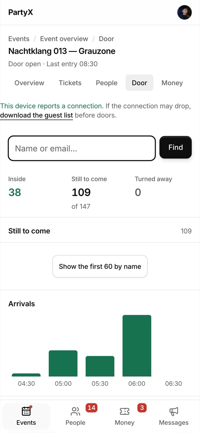 Admin console on a phone: working the door