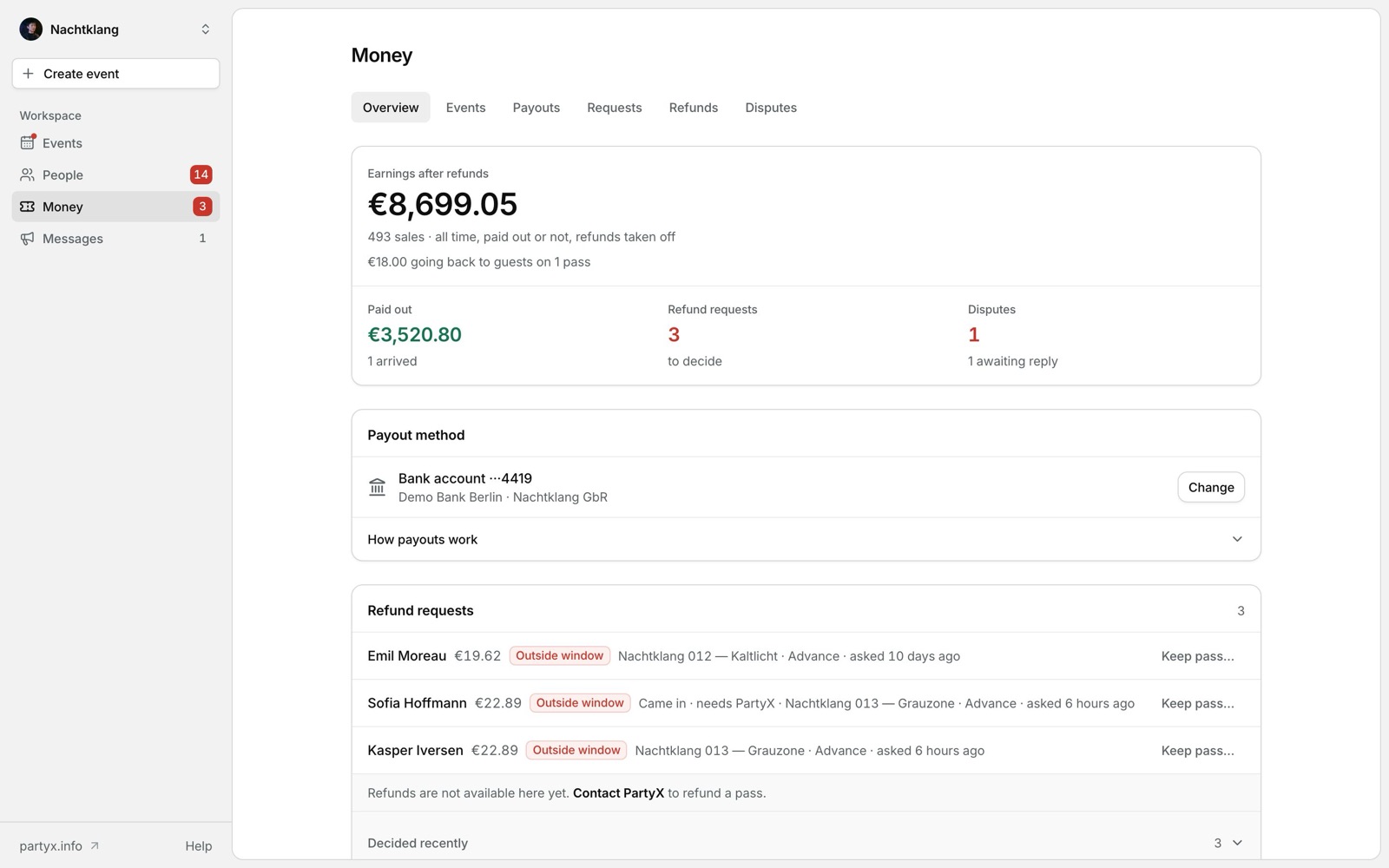 Admin console I built: money coming in, refund requests and a dispute to answer